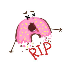 Wall Mural - Cartoon half-eaten donut with pink glaze and sprinkles. Dead doughnut with cross eyes and stuck-out tongue. RIP. Funny flat vector design for t-shirt print or sticker