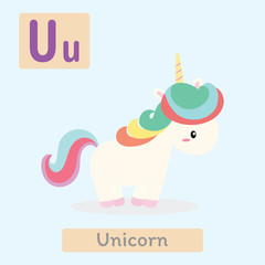 Wall Mural - Cute animal alphabet. U letter. Cute Unicorn.