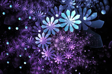 Beautiful Blue And Violet Bouquet. Abstract Fantastic Fractal Flowers And Drops. Psychedelic Digital Art. 3D Rendering.