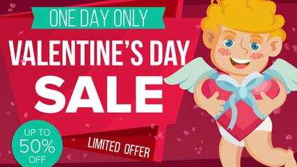 Sticker - Valentine s Day Sale Banner Vector. Happy Cupid. Holidays Sale Announcement. Design For February 14 Banner, Brochure, Poster, Discount Offer. Best Clearance. Business Advertising Illustration.