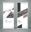 Abstract blurb font. White roll up brochure cover design. Info banner frame. Ad flyer text. Title sheet model set. Hi tech vector front page art. City theme brand flag. Grey lines, figures block icon