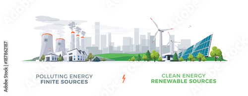 Cuadros en Lienzo Vector illustration showing clean and polluting electricity generation production
