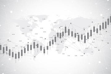 Poster - Business candle stick graph chart of stock market investment trading on World map background design. Stock market chart. Bullish point, Trend of graph. Vector illustration.