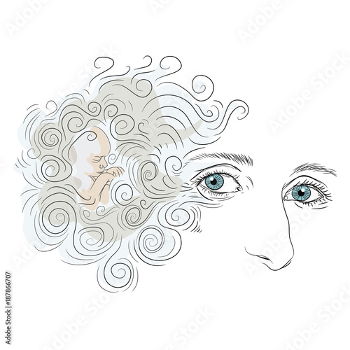 Woman Face With Blue Eyes And Curly Hair Small Baby Boy Sleeping