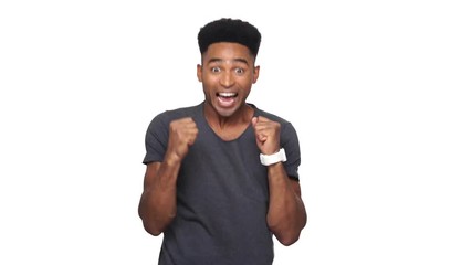 Poster - Happy african fan in t-shirt screaming and rejoice over white background