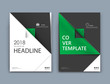 White, black a4 brochure cover design. Fancy info banner mockup. Title sheet model set. Modern vector front page art. Urban city house texture. Green triangle, line frame, icon. Ad flyer text font