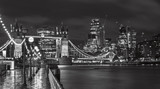 Fototapeta  - London - The Tower Bride, promenade and skyscrapers at dusk.