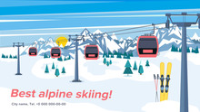 Colorful Mountain Ski Resort Background Illustration. Bright Layout With Lift Or Gondola On Winter Alpine Landscape.