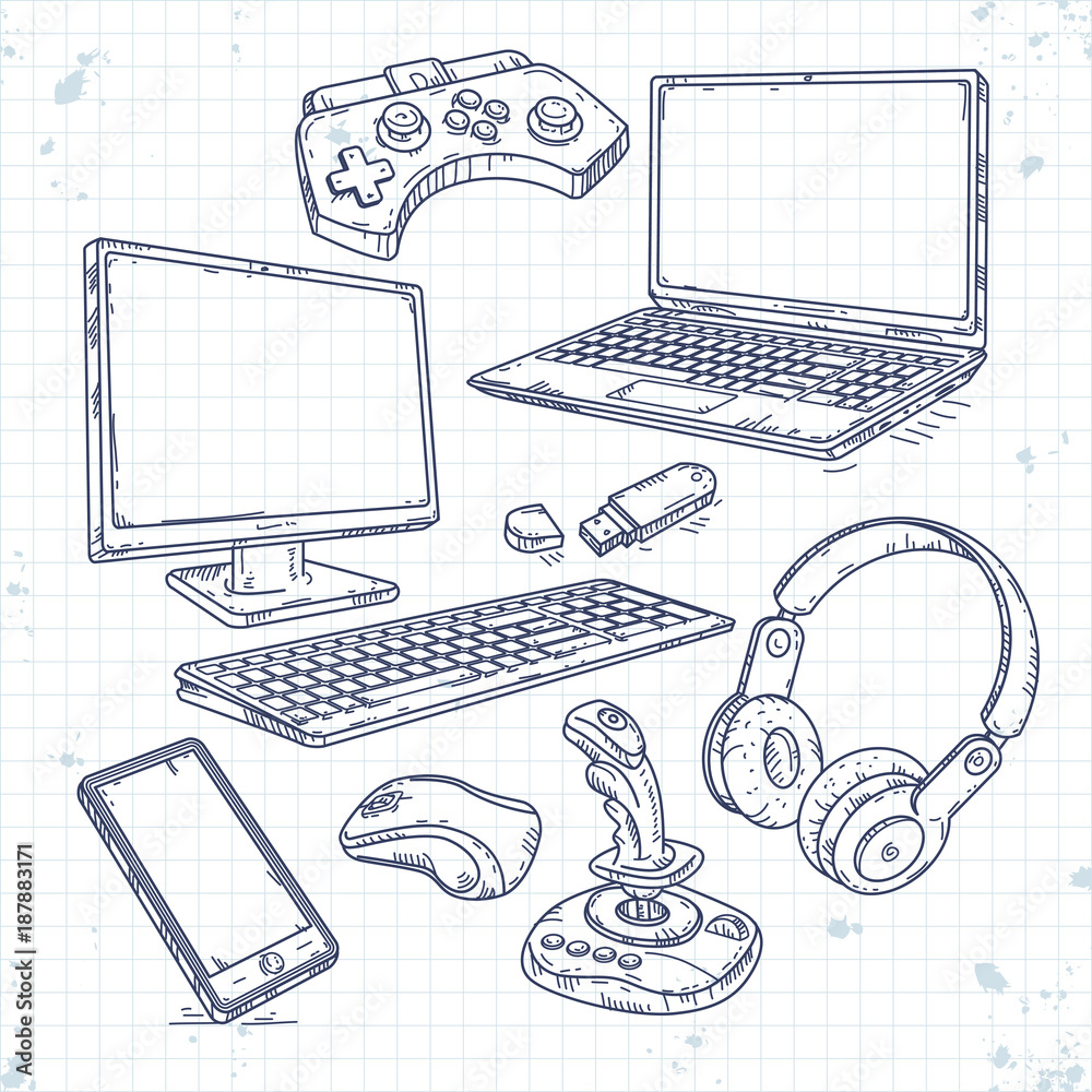 Vector set of hand drawn icons of computer technici for games Stock ...