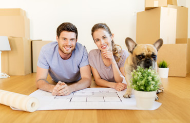 Sticker - couple with boxes, blueprint and dog at new home