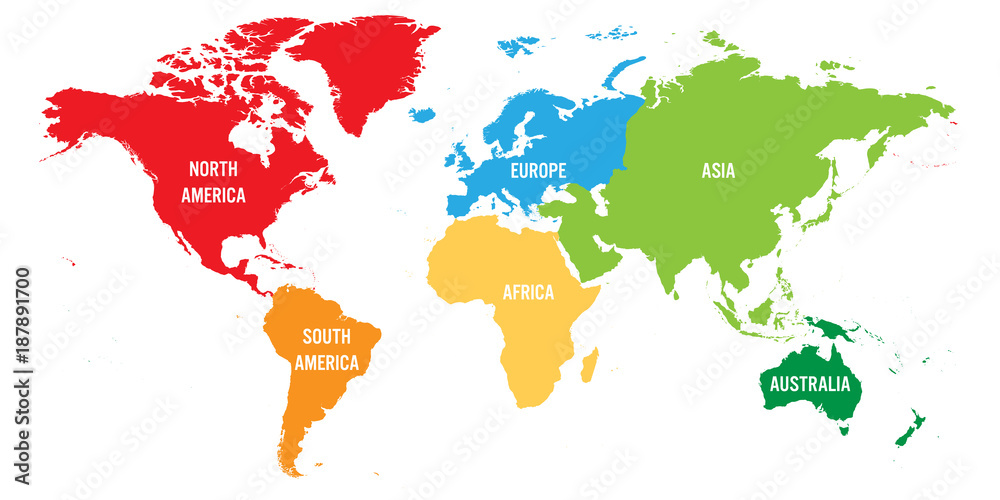 Mapa świata podzielona na sześć kontynentów. Każdy kontynent w innym kolorze - obrazy, fototapety, plakaty 