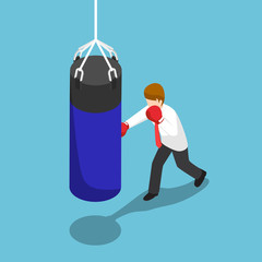 Poster - Isometric businessman punch the blue punching bag.