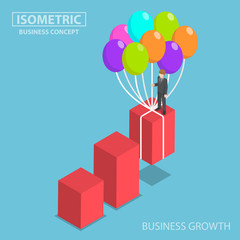 Poster - Isometric businessman grow up graph by balloon.