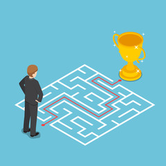 Aufkleber - isometric businessman looking at maze with solution.