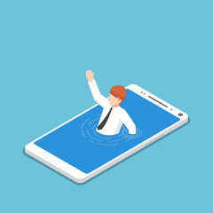 Wall Mural - Isometric businessman drowning in smartphone.