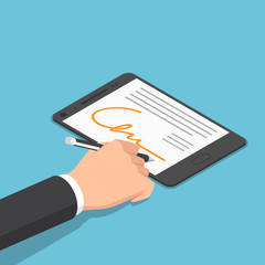Poster - Isometric businessman hand signing digital signature on tablet