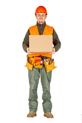 Wall Mural - male builder or manual worker in helmet holding and moving  cardboard box on white background.