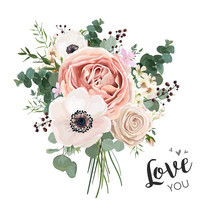 Flower Bouquet Floral Bunch, Vector Boho Design Object, Element. Peach, Creamy Pale Pink Anemone Poppy Rose Flowers, Berry Eucalyptus Herb Mix Rustic Floral Elegant Wedding Card. All Elements Editable