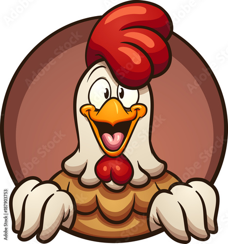 Fotografía Cartoon chicken peeking out of a round hole