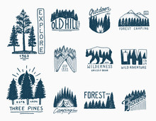 Camping Badges, Mountains Coniferous Forest And Wooden Logo. Wild Nature. Landscapes With Pine Trees And Hills. Emblem Tent Tourist, Travel For Labels. Engraved Hand Drawn In Old Vintage Sketch