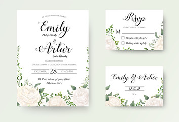 Wedding Invitation floral invite Rsvp cute card vector Designs set: white garden Ranunculus, Rose flower, fern, eucalyptus, mistletoe green leaf & berry romantic trendy greenery forest rustic bouquets