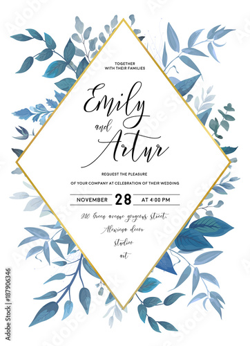 Wedding invite, invitation, save the date card design with watercolor blue co...