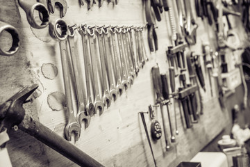 Black and white repair workshop. Work tools