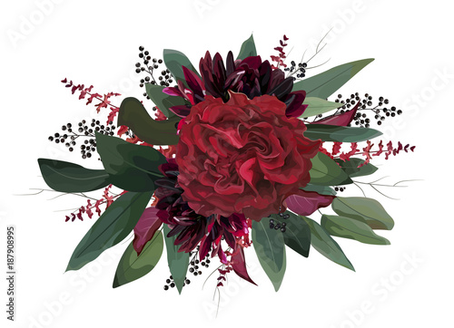 Vector floral bouquet design: garden red, burgundy Rose purple dahlia flower,...