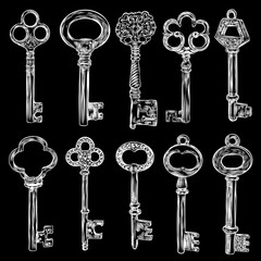 Wall Mural - Big set of retro keys, vintage style. Key collection illustration for antiques decoration.  Ornamental medieval collection. Hand drawn old realistic design Vector.