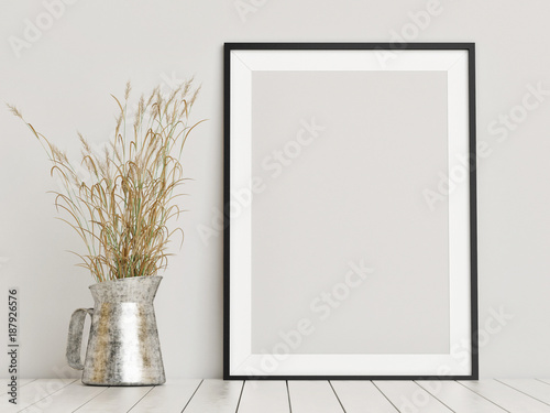 Fotografia Empty mock up poster composition with blue vase with flower, 3d render, 3d illus