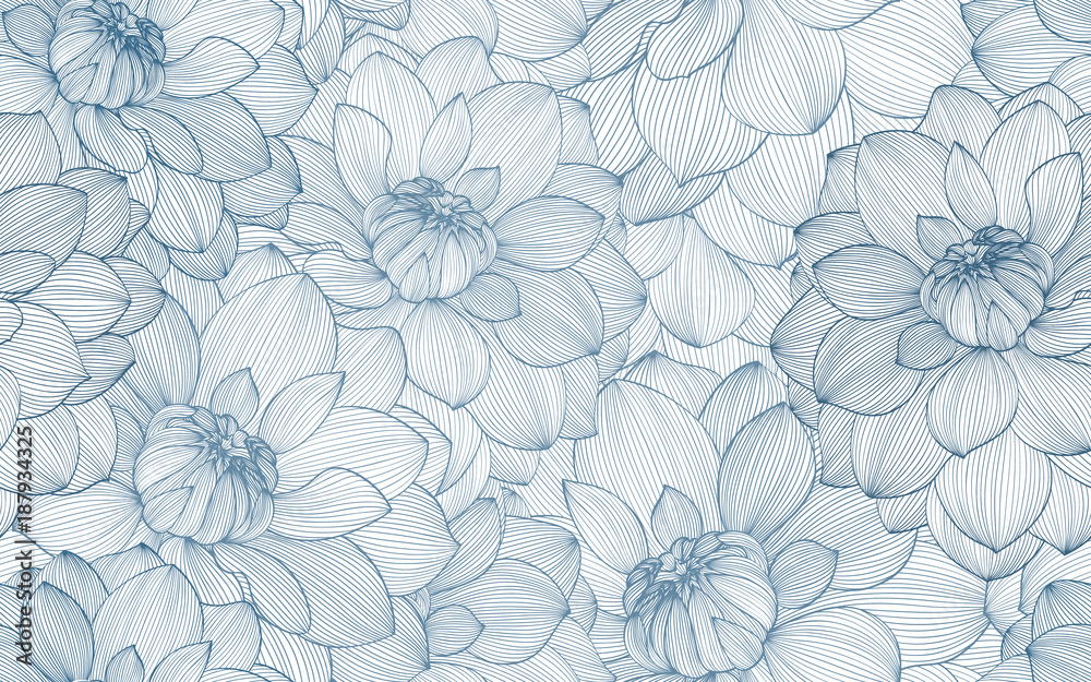 Seamless pattern with hand drawn dahlia flowers. - obrazy, fototapety, plakaty 