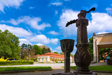 Water Fountain And Historical Building On Spa Island In Piestany (SLOVAKIA)