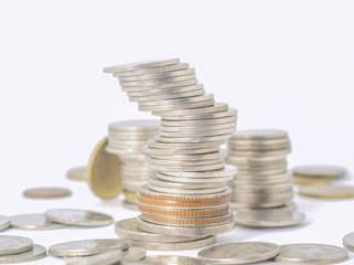 Rows coins for finance and banking concept on white background, isolate