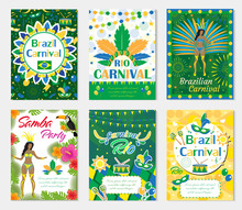 Welcome Brazil Carnival Set Poster, Invitation. Collection Templates For Your Design With  Mask, Hat, Feathers. Brazilian Festival, Masquerade Background. Rio De Janeiro Travel Concept. Vector