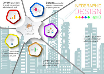Wall Mural - Five circles with business icon infographics on silhouette town.