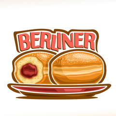 Vector illustration of german Berliner, two bavarian doughnuts with jam on red dish, original typeface for word berliner, whole and cut half donuts with gelly sprinkled sugar, traditional german buns.