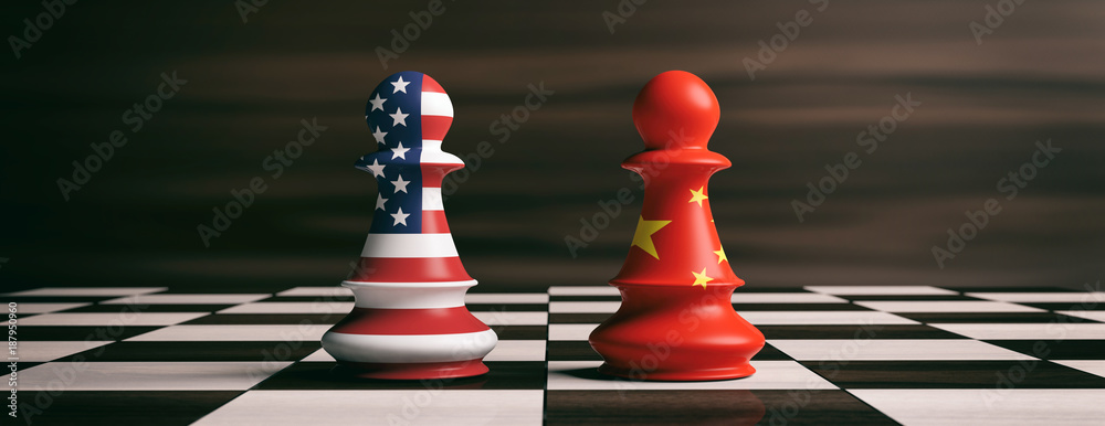 USA and China flags on chess pawns on a chessboard. 3d illustration - obrazy, fototapety, plakaty 