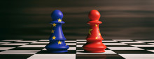 China And European Union Flags On Chess Pawns On A Chessboard. 3d Illustration