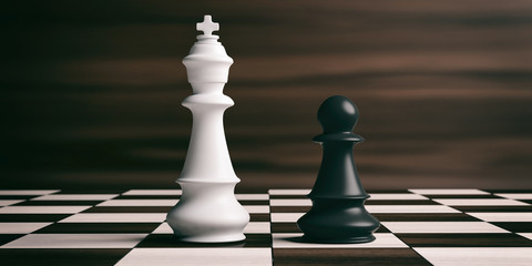 Poster - White chess king and black pawn on a chessboard. 3d illustration