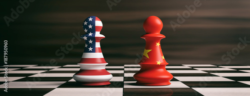 USA and China flags on chess pawns on a chessboard Canvas Print
