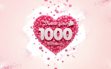 Wall Mural - 1k or 1000 followers thank you Pink heart and red balloons, ball. 3D Illustration for Social Network friends, followers, Web user Thank you celebrate of subscribers or followers and likes.