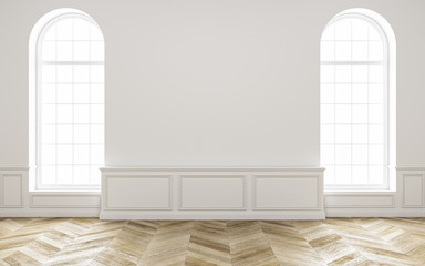 Classic white empty interior with wood floor and window. 3d render illustration. Mock up.