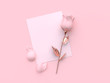 3d rendering blank paper card pink rose valentine concept