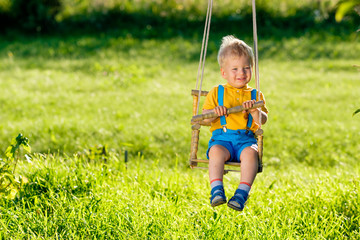 Wall Mural - Rural scene with toddler boy swinging outdoors.