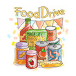 Food Drive non perishable food charity movement, vector badge logo illustration
