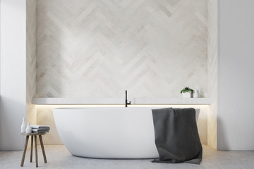 White wooden bathroom, round tub close up