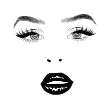 Hand-drawn Woman's Sexy Luxurious Young Woman With Perfectly Shaped Eyebrows And Full Lashes. Idea For Business Visit Card, Typography Vector. Perfect Salon Look. Natural Hairstyle And Bold Lips