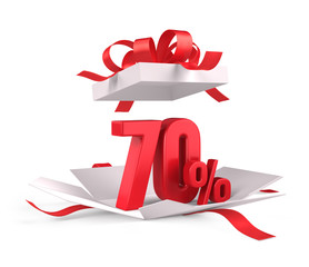 Wall Mural - Open gift box with red 70 percent discount on white background - Discount sale concept. 3d rendering