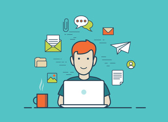 Poster - Flat linear vector icons workplace. Man working laptop