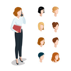 Canvas Print - Flat isometric head face types woman hair style constructor vector